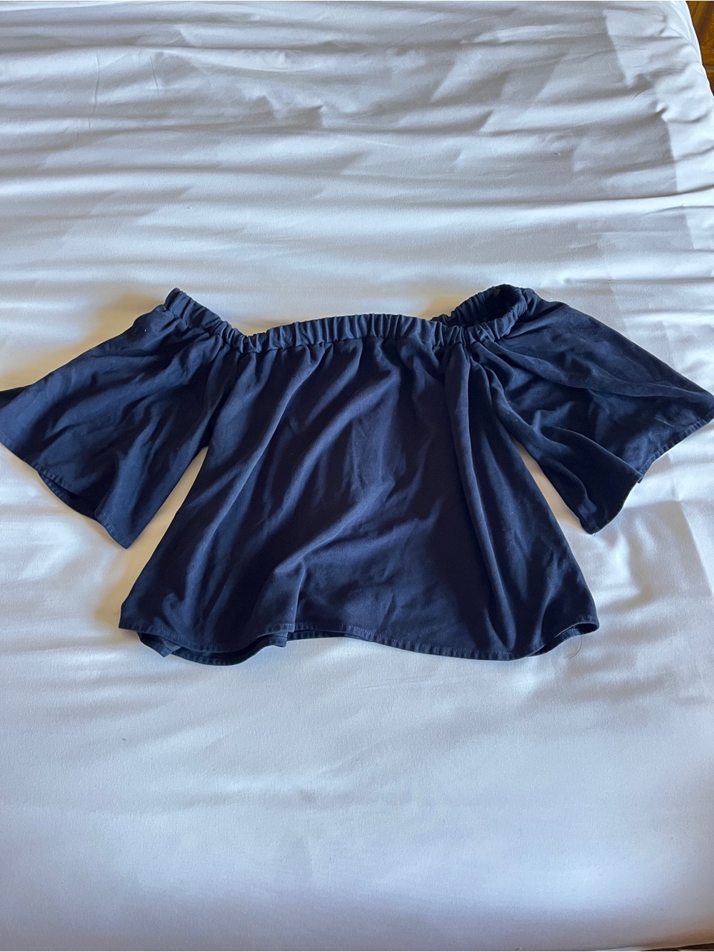Essue Navy Blue Polyester Spandex Off Shoulder Flare Bell Sleeve Top Size S